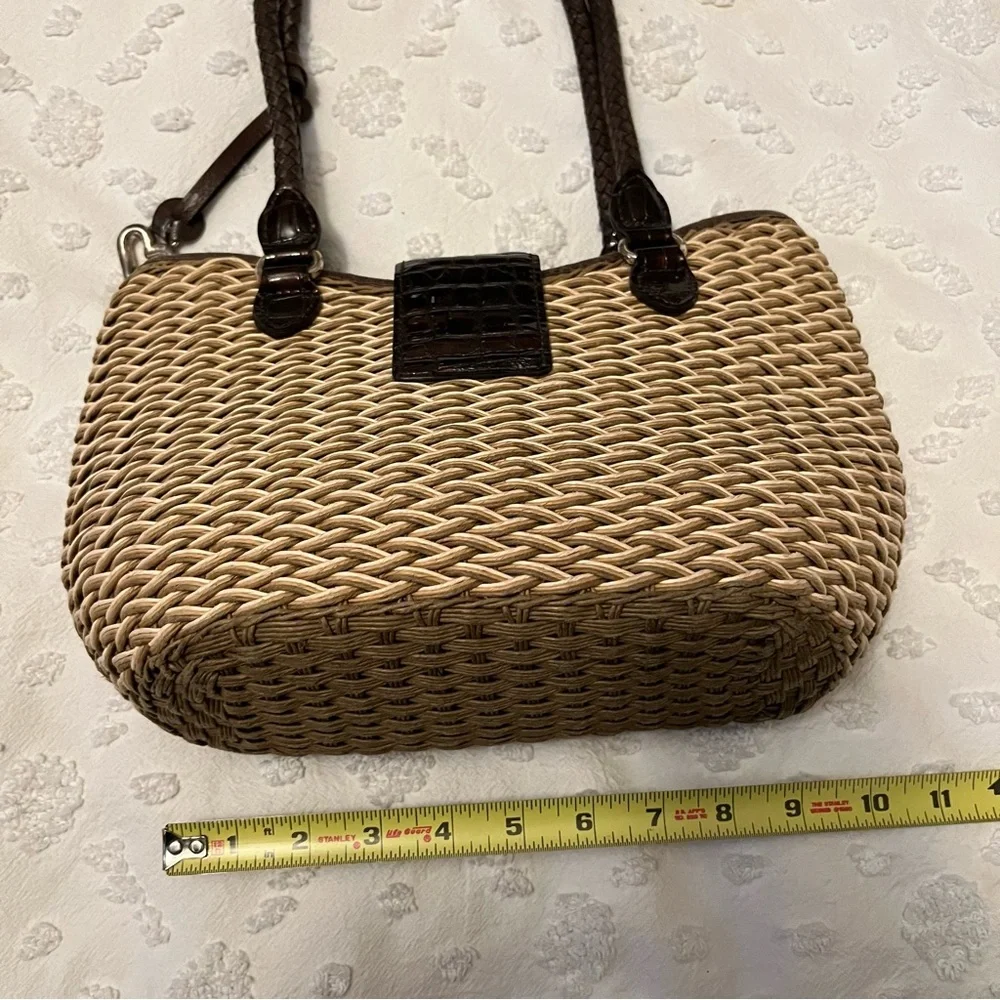 Brighton Basket Weave Brown Leather Braided Straps Croc Embossed Shoulder Bag